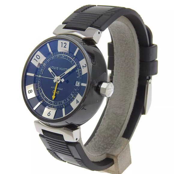 LOUIS VUITTON Tambour GMT Watches Q113K blackDial Stainless Steel/rubber M... - Picture 1 of 8